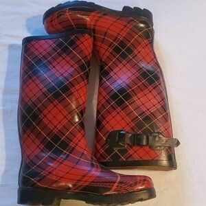 Carrini Red Black Plaid Rain Boots Womens Size 8 Tall Rubber Waterproof Buckle